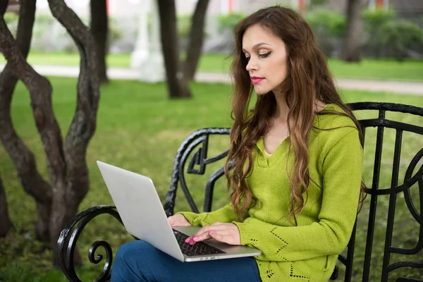 Donna che lavora al computer portatile nel parco — Foto Stock