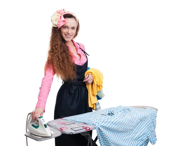 Happy housewife ironing — Stock Photo, Image