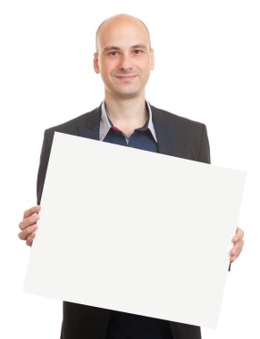 kel adam bir boş sayfa tutan