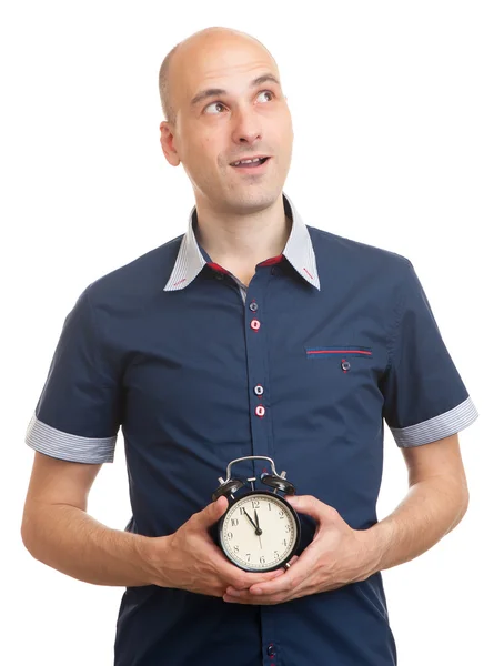 Bald man with an alarm clock — Stock Photo, Image