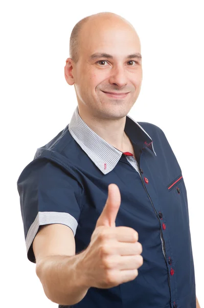 Usměvavý chlap ukazuje palec — Stock fotografie