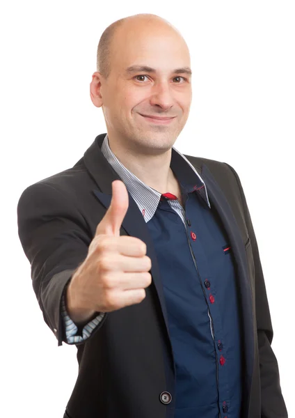 Happy bald businessman shows thumbs up — Stock Photo, Image