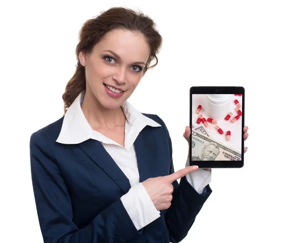 Woman chooses drugs online — Stock Photo, Image