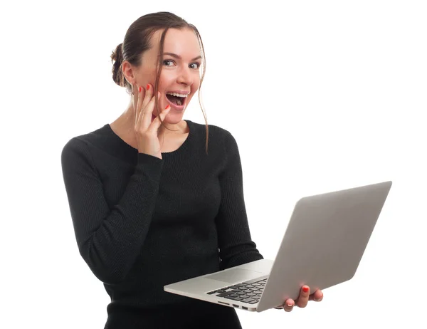 Happy young woman with laptop — Stock Photo, Image