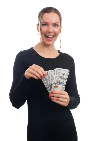 Young business woman holding money — Stock Photo, Image