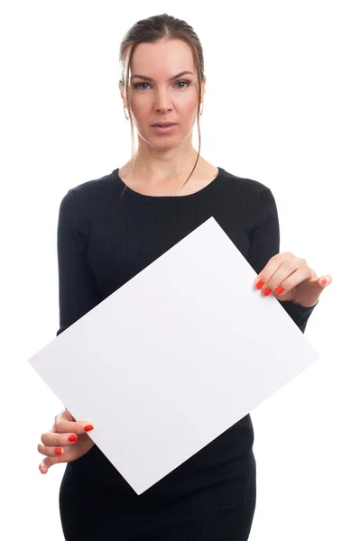 Woman with blank white paper sheet — Stock Photo, Image