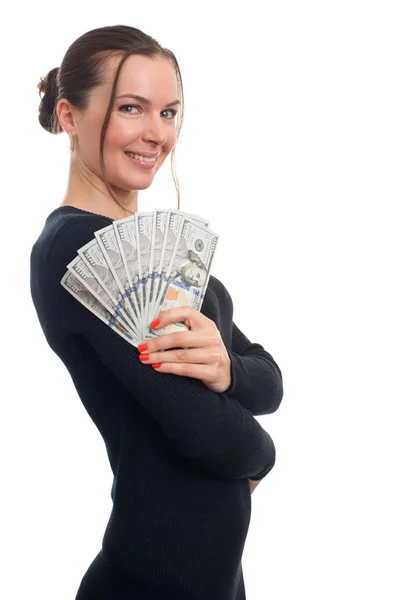 Young business woman holding money — Stock Photo, Image