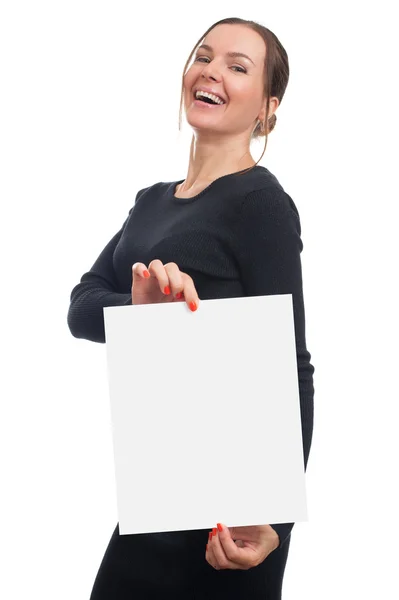 Woman with blank white paper sheet — Stock Photo, Image