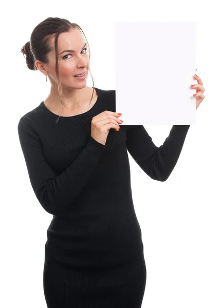 Donna con foglio di carta bianco vuoto — Foto Stock