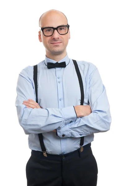 Handsome guy with suspenders and bow-tie — Stock Photo, Image