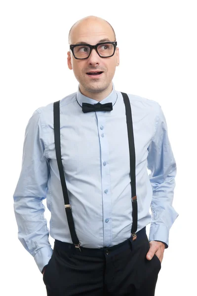 Surprised guy with suspenders and bow-tie — Stock Photo, Image