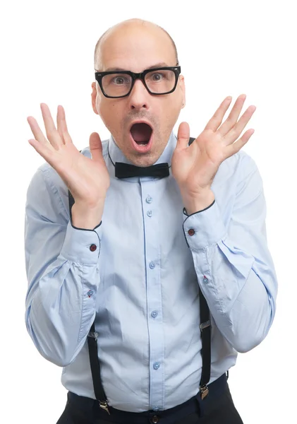 Surprised bald guy with suspenders and bow-tie — Stock Photo, Image