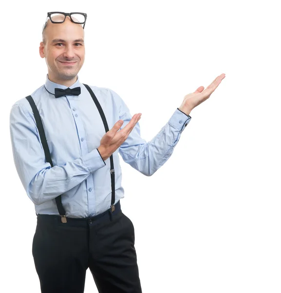 Man met bretels en ' bow-tie weergegeven: kopie ruimte — Stockfoto