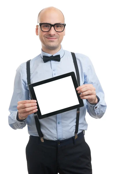 Hombre mostrando tablón digital con pantalla en blanco —  Fotos de Stock