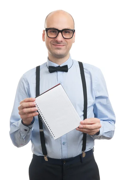 Yakışıklı adam gösteren boş not defteri — Stok fotoğraf