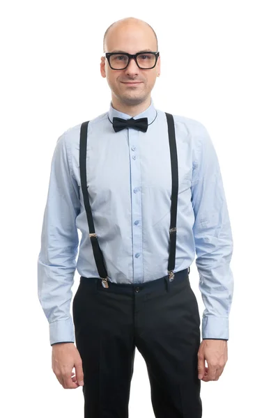 Handsome bald guy with suspenders and bow-tie Stock Picture