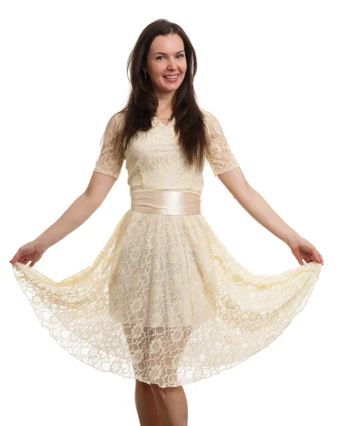 드레스에 아름 다운 젊은 백인 갈색 — 스톡 사진