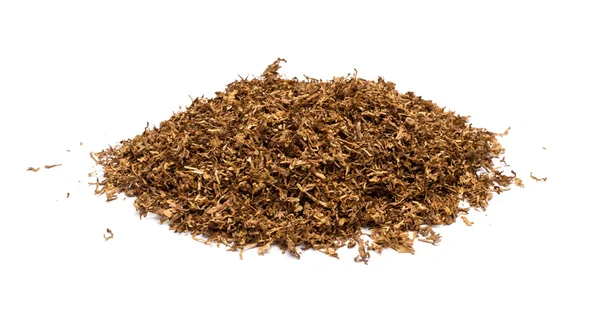 सफेद पृष्ठभूमि पर सूखे नरम पाइप तंबाकू शीर्ष दृश्य का ढेर — स्टॉक फ़ोटो, इमेज