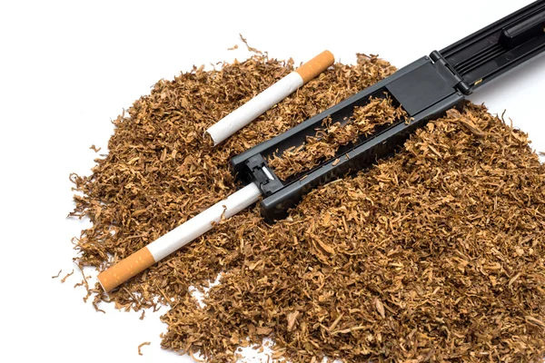 Cigarette rolling machine and empty cigarette tube and tobacco o — Stock Photo, Image