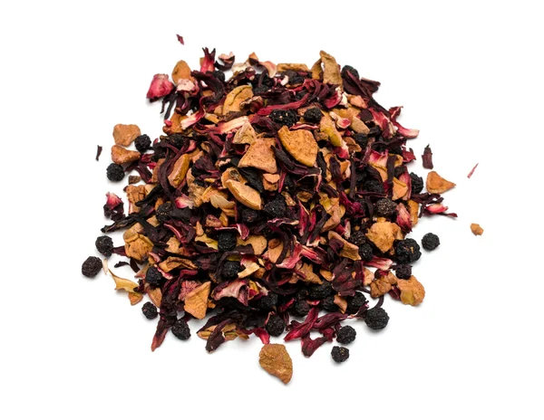 Aromatic black dry tea with fruits and petals, isolated on white — Stock Photo, Image