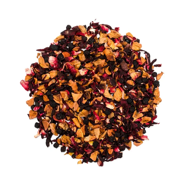 Aromatic black dry tea with fruits and petals, isolated on white — Stock Photo, Image