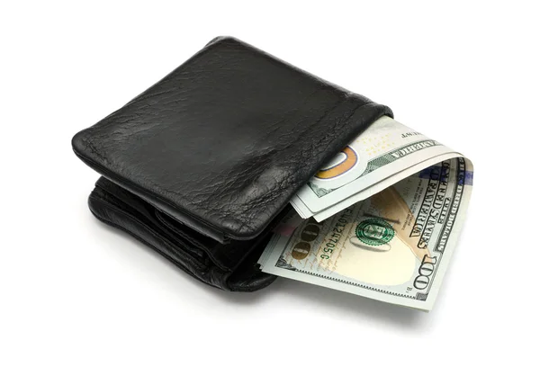 Close-Up bize dolar üzerinde beyaz bac izole bir deri cüzdan — Stok fotoğraf
