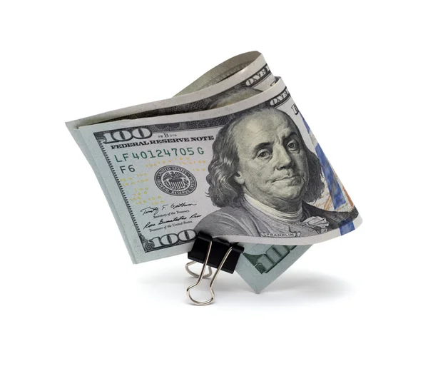 100 dollar bill with a clip on a white background — Stock Photo, Image