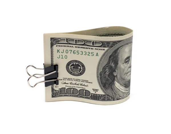 Contas de dólar com clipe isolado no fundo branco — Fotografia de Stock