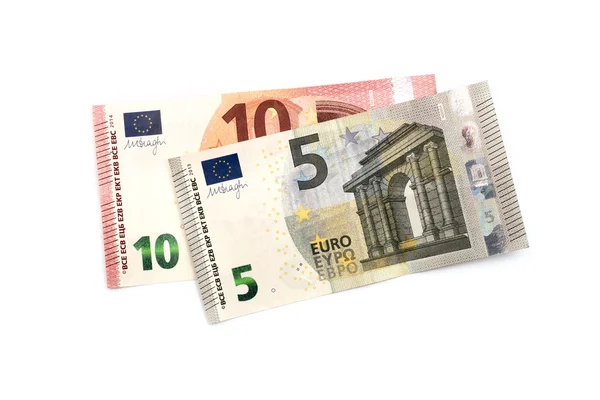 Cinco e dez euros sobre fundo branco — Fotografia de Stock
