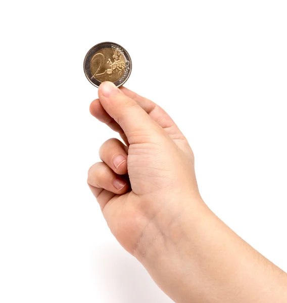 Monety euro dwóch w dłoni dziecka — Zdjęcie stockowe
