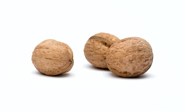 Tři ořechy zblízka izolované na bílém pozadí — Stock fotografie