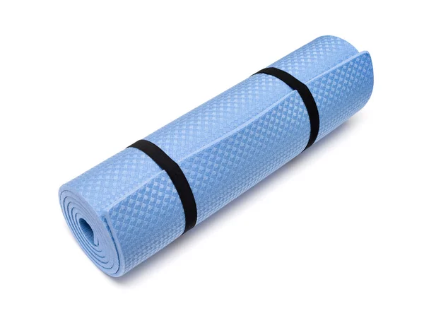 Blauwe yoga mat voor uitoefening, geïsoleerd op witte achtergrond. — Stockfoto