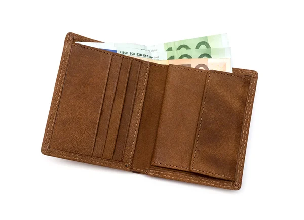 Braune Ledertasche mit Geld isoliert auf weißem Hintergrund — Stockfoto