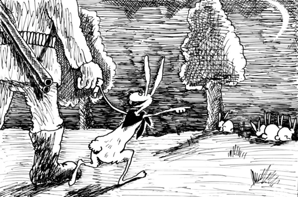 Заяц и охотник — стоковое фото