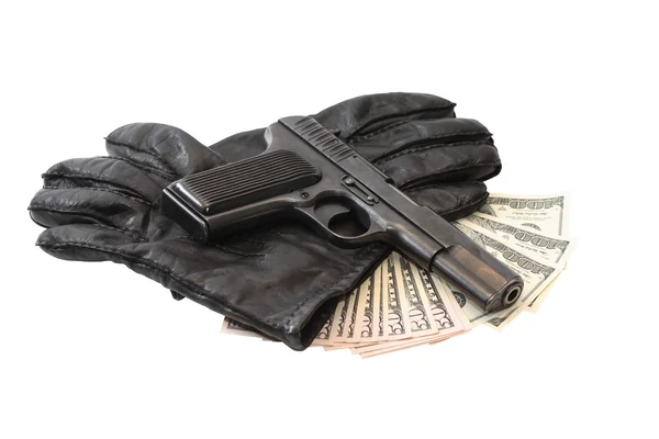 장갑과 돈에 권총 — 스톡 사진