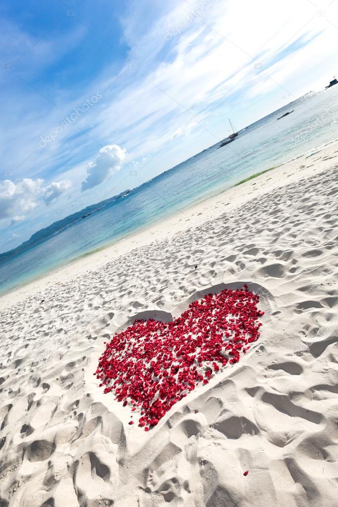 Heart of roses petals on sea sand beach — Stock Photo © pashapixel