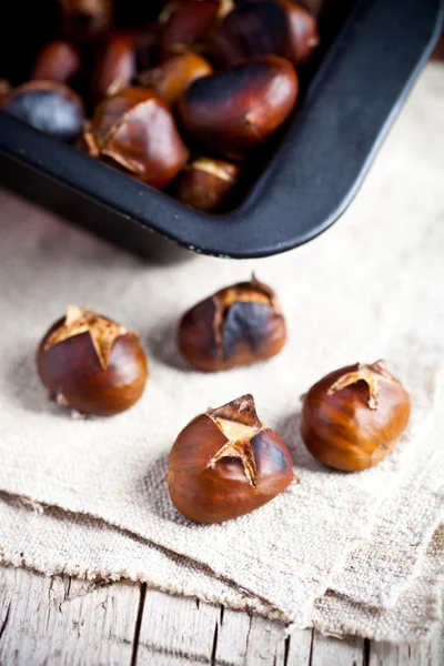 Roasted chestnuts in a pan Stock Image