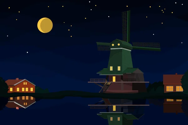 Голландский пейзаж ночью — стоковый вектор