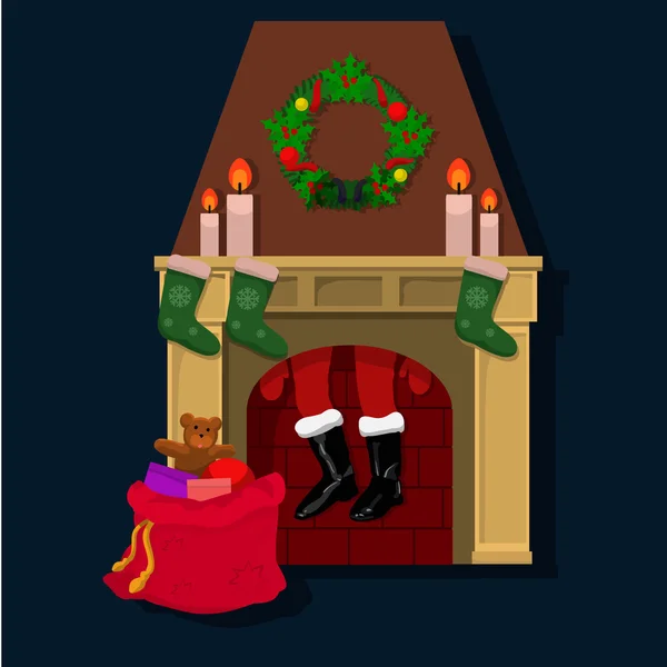 Papai Noel e uma lareira —  Vetores de Stock