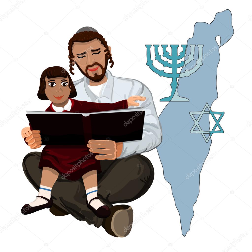 Dad reads the Talmud child sitting on hands