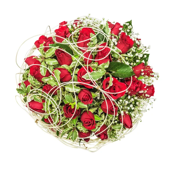 Μπουκέτο από κόκκινα τριαντάφυλλα και γυψοφύλλι σε χρώματα — Φωτογραφία Αρχείου