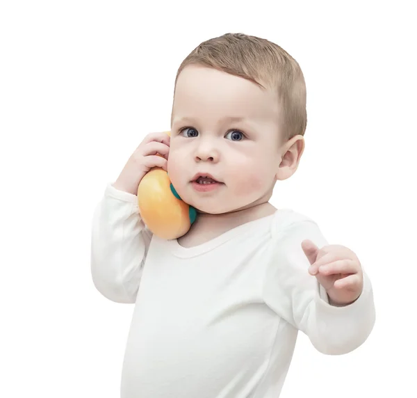 De een-jaar-oude jongen spreekt via de telefoon — Stockfoto