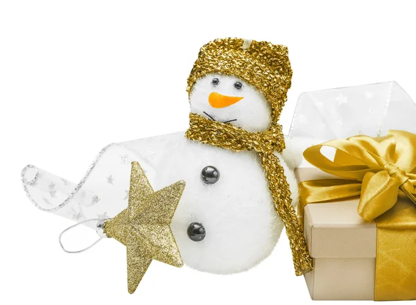 Snowmen, gold gift, bow, star — Stock Photo, Image