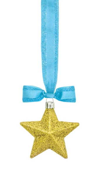 Golden star, Juldekoration med blått band — Stockfoto