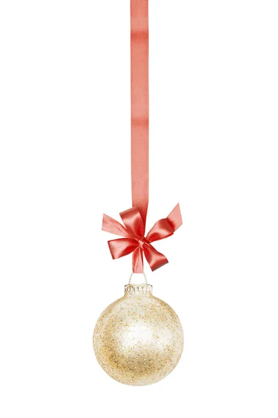 Golden Christmas sphere with red ribbon and bow — Stock Photo, Image