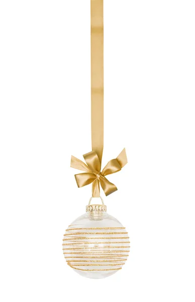 Golden Christmas sphere with ribbon and bow — Stock Photo, Image