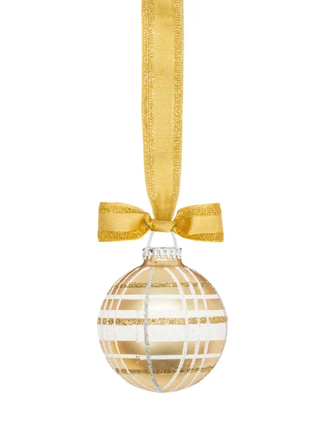 Golden Christmas sphere with ribbon and bow — Stock Photo, Image