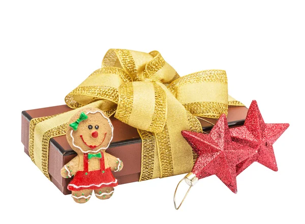 Christmas gift box with christmas red stars and gingerbread — Stock Photo, Image