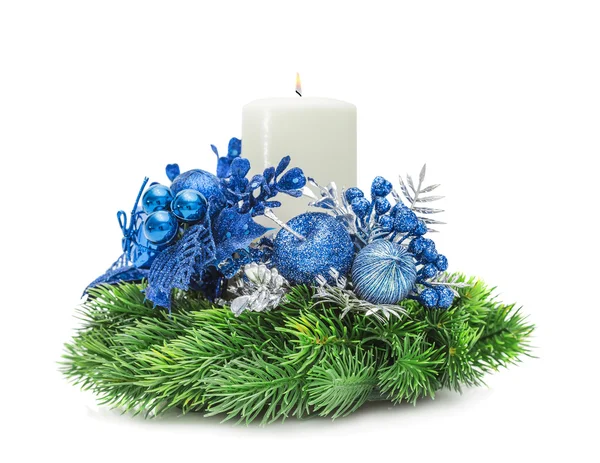 Christmas blue composition with a burning candle — Stock Photo, Image