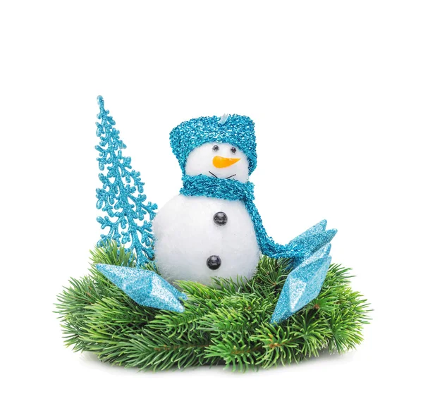 The Christmas branch fir-tree, snowman with blue scarf — Stock Photo, Image